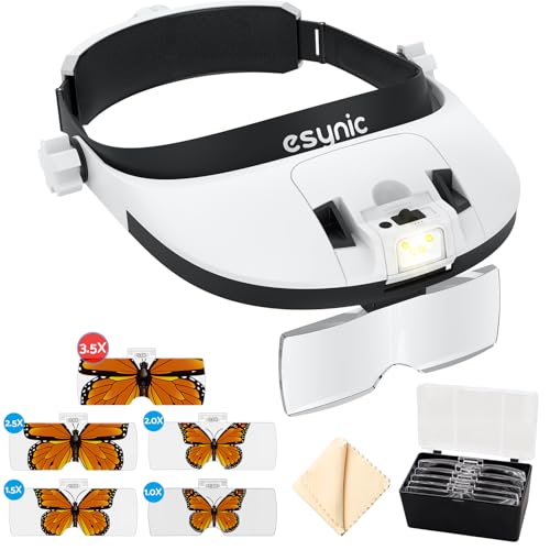 eSynic Gafas Lupa de Gran Aumento con 8 Leds Brillo Ajustable Blanco/Amarillo/Mixto, Lupa de Diadema con 5 Lentes 1x 1.5X 2X 2.5X 3.5X Batería Recargable 900mAh para Lectura, Manualidades, etc.