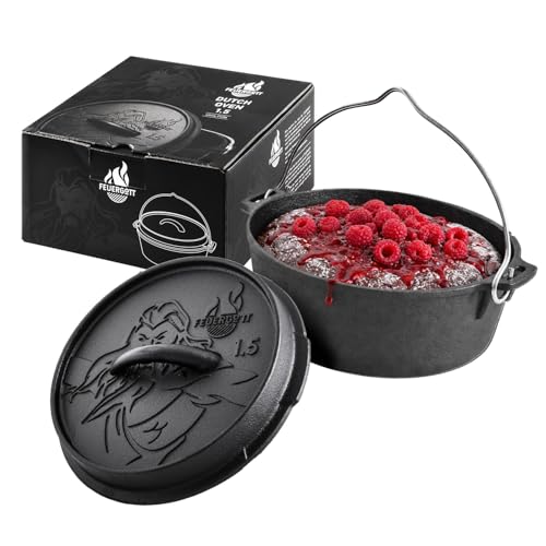 Feuergott Dutch Oven 1,5L ohne Füße – Gusseisen Mini Topf für Brot, Camping, Backofen, Herd, Induktion – Schmortopf für kleine Gerichte, Rationen, Beilagen, Singlehaushalt, Kochen, Braten, Outdoor