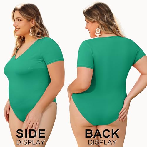 Image of COOTRY Plus Size Short Sleeve Bodysuits for Women V Neck Body Suit Tops Basic One Piece Bodysuit T Shirt
