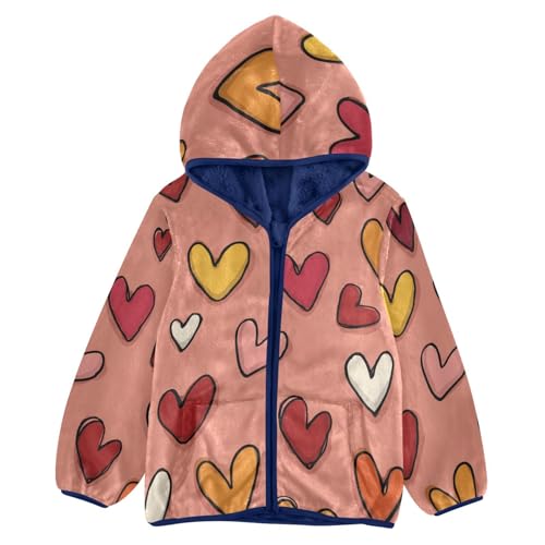 Colorful Hearts on Pink Toddler Fleece Jacket Girl Boys Hooded Fleece Jacket Coat Warm Outwear Zip-up 3-10T