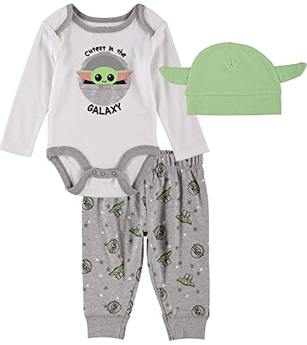 Image of STAR WARS Mandalorian The Child Baby Boys Baby Yoda Clothing Three Piece Set - Baby Boy Clothes with Bodysuit, Pants, and Hat