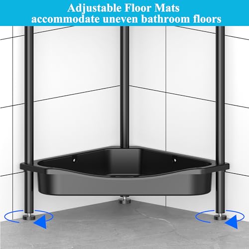 Image of HuggieGems 4 Tier Floor Standing Corner Shower Caddy Organizer Shelf with Hooks, Bathroom Shelves Stand Rack, Jet Black