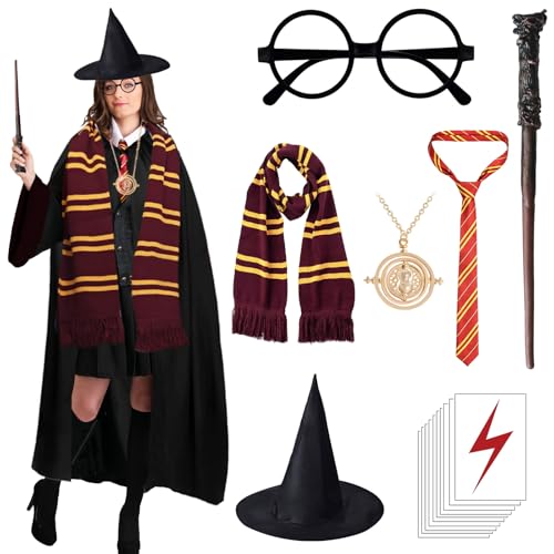 17 Pcs Adults Wizard Costume Accessories Set with Hooded Cape Wizard Hat Scarf Tie Glasses Wand Necklace Tattoo Sticker Harry Wizard Cosplay Outfit Fancy Dress for Halloween Party World Book Day