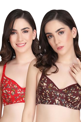 Image of Women Padded Printed Bra - Made of Pure Cotton Full Coverage Non Wired Seamless Pushup Soft Cup for T-Shirt Saree Dress Sports Garment for Daily Use Everyday Black