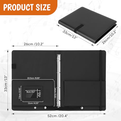 Notenmappe A4,Luxus PU Schwarz Chormappe für Musiknoten,Kunstleder mit Handgurt Musikordner mit Innentasche,Notenmappe für Notenblätter Instrumentalist Musiker - Füllmenge max. 200 Blatt
