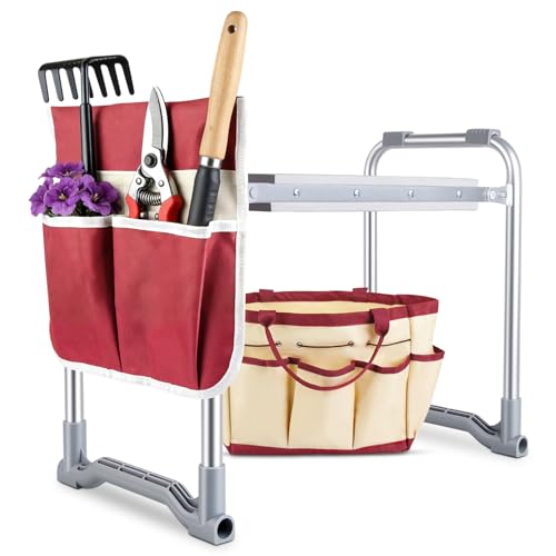Foldable Garden Kneeler and Seat, 2 in 1 Heavy Duty Garden Stool, Portable Gardening Knee Seat with Pad & Tool Bag, Sturdy Garden Kneeling Bench for Weeding Planting, Supports Up to 400lbs