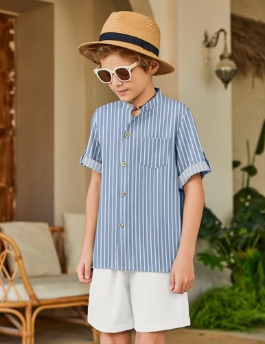 Image of Arshiner Boy's 2 Piece Beach Outfit Short Sleeve Textured Button Down Shirt and Short Sets Summer Vacation Wear 4-12 Years