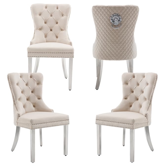 Homedraft Velvet Dining Chairs Set of 4, Nikki Collection Dining Room Chairs with Silver Stainless Steel Legs and Lion Head Pull Ring, Luxury Chair