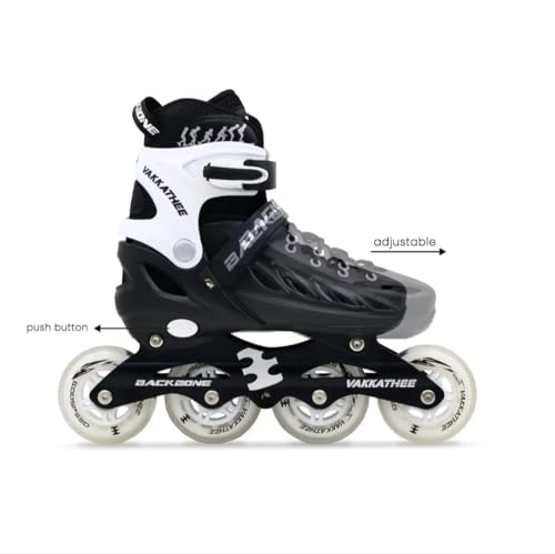 Image of Backbone Vakkathee Adjustable Unisex Inline Skates, Black /White, 80Mm Wheels, Push Button Design