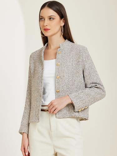 Allegra K Women's Tweed Blazer Stand Collar Long Sleeve Cropped Blazer Jacket2