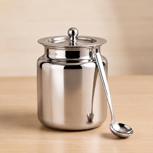 Image of Steel Ghee Pot with Spoon | Oil & Ghee Container Set | Ghee Storage Container with Lid - (Ghee Pot Steel - 450ml & 150ml - Pack of 2)