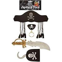 Pirate Fancy Dress Accessories 5pc Set – Pirate Hat with attached dreadlocks, hook, eyepatch, hoop earring and sword for Kids & Adults Halloween Costume, Cosplay, Fancy Dress Party Outfit Accessory
