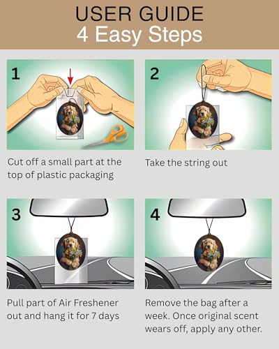 Image of Golden Retriever - Dog Car Air Freshener - Cute Hanging Dog With Flowers Decor Black Ice Scent, Infusible with Your Own Scent, Pet Safe, Non-Toxic, Freshener for Car, Closet, Office Size - 3x4 inch