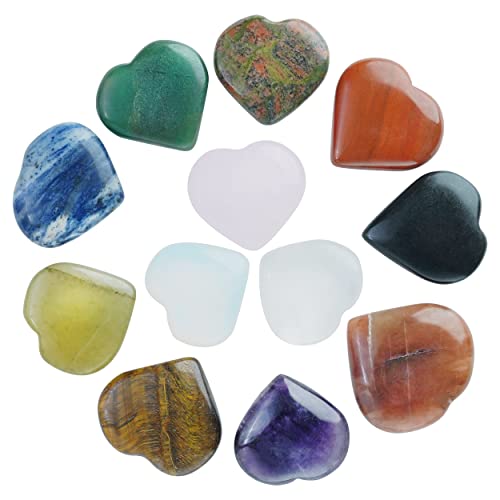 Crocon Gemstone Heart Shape Puffy Stones Set Pocket Crystal Healing Tumble Collection Palm Worry Stone Good Luck - Lote de 12 dijes de regalo para manualidades (25 mm)