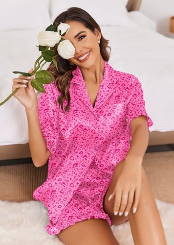 Image of Ekouaer Satin Pajama Set for Women 2 Piece Pj Sets Short Sleeve Sleepwear | Super Soft Silky Summer Loungewear Set with Ruffle Short Sleeve Top and Pocket Shorts, Casual Travel Daily Gift