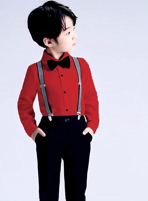 Image of SAGAR IMPEX Boys Cotton Blend Solid Full Sleeves Shirt and Pant Set with Suspender and Bow Tie | Clothing Set for Boys