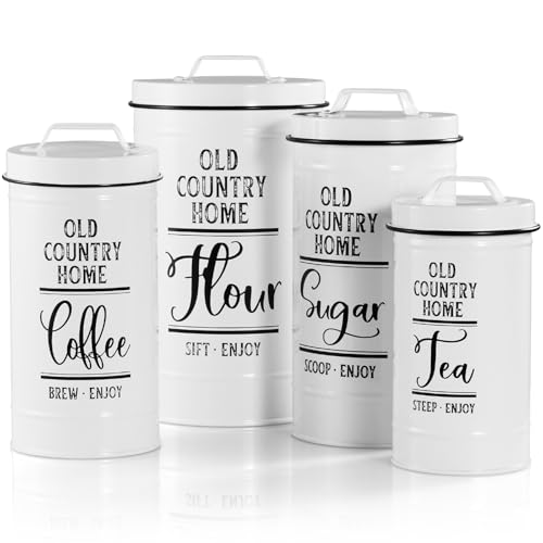 Bivvclaz Canisters Sets for the Kitchen, Airtight Kitchen Canisters for Countertop, Flour and Sugar Containers, Tea Coffee Sugar Canister Set, Coffee Bar Decor and Accessories, Set of 4, White
