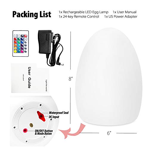 Mr.Go 8-inch LED Egg Light Nightlight Mood Lighting Lamp for Adults and Children - Remote Control - 16 RGB Colors - Bright and Dim Settings - Smooth and Flash Light Effects - Rechargeable - Fun Safe