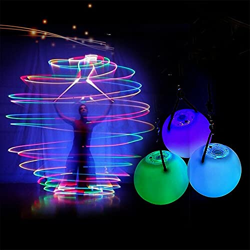 SKJJL Led Poi Bälle, 2 Stück Poi Jonglierbälle, Jonglierbälle Leuchtend mit Regenbogen Farben und Strobe-Effekt, Led Poi Ball mit Verstellbaren Doppelschlaufen-Leinen für Spinnen Schwingen Bauchtanz