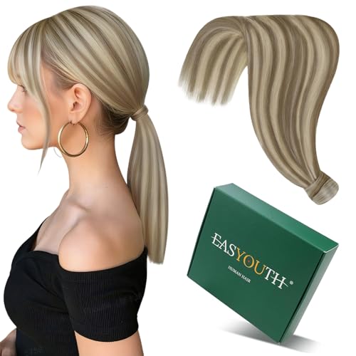 Image of Easyouth Human Hair Ponytail Extension, Light Brown Highlights Blonde, 12 Inch 70G, Wrap around Ponytail, Natural Party Wear, Real Hair Ponytail Extension for Women