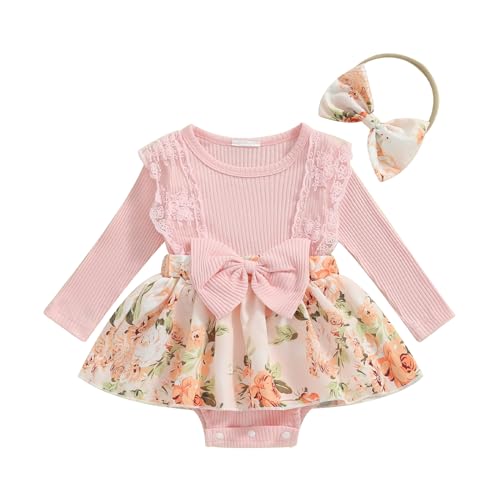 Image of CIYCUIT Baby Girl Fall Winter Outfits Floral Romper Dress Ruffle Long Sleeve Clothes with Bow Headband