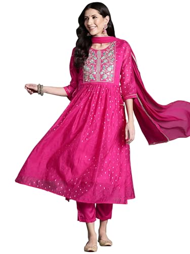 Image of INDO ERA Women's Chanderi Silk Embroidered A-Line Kurta Pant With Dupatta Set