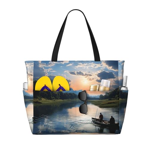 Fishing Scenic Beach Bags For Women Large Waterproof Sandproof Beach Tote Bag Pool Bag Lightweight Zipper Carry On Bag For Gym Travel Vocation