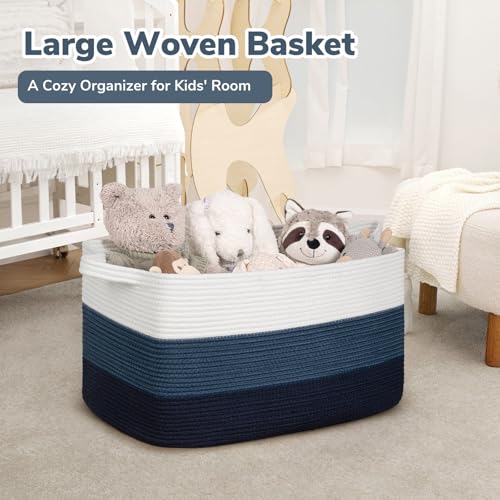 Goodpick Storaget Basket, 21.6" x 14.9" x 11.8", Toy Storage Baskets for Bedroom, Large Baskets for Organizing, Rectangle Woven Rope Basket for Blanket Storage, Blue