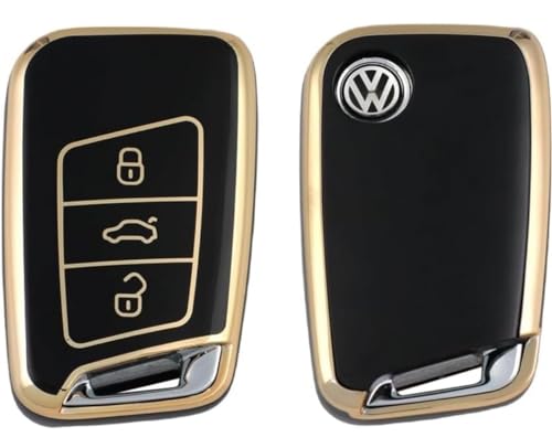 Image of TPU Car Key Cover Black & Golden Compatible for Skoda Kodiaq, Superb, Octavia, Karoq (Skoda, 3 Button Push Smart Key)