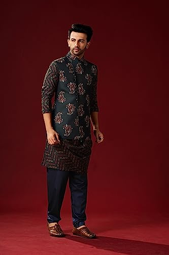 Elina fashion Men's Cotton Kurta Pajama Set With Printed Jacket (Waistcoat) Designer Indian Ethnic Wear3
