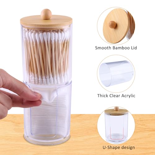 Vexillic Cotton Bud Container, Pack of 4 Cotton Pad Dispensers, Acrylic Dressing Table Organiser, Qtip Holder Dispenser with Bamboo Lid for Cotton Balls, Cotton Buds, Cotton Pads, Dental Floss