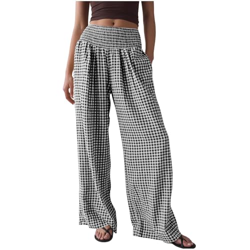 Women Plaid Pant Elastic High Elastic Waist Wide Leg Lounge Pant Loose Fit Summer Fall Classic Trousers with Pocket