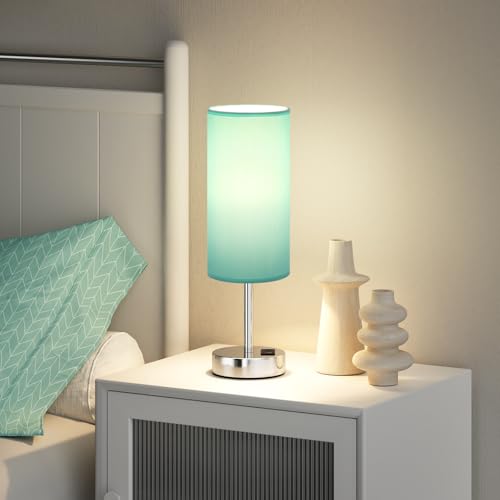 Teal Touch Bedside Lamps for Bedroom - Small Coastal Nightstand Lamp with USB-C and USB A Charging Ports, 3 Way Dimmable Control Table Lamp for Office, Dorm with Fabric Shade Silver Base - Image 3