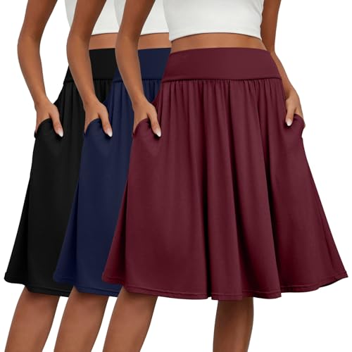 3 Pcs Womens Midi Skirts Knee Length with Pockets Casual High Waisted 2025 Trendy Summer Midi Skirt for Ladies