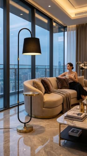 Image of Deco Crush Modern Floor Lamp with Built-in Side Table, Tall Metal Standing Lamp 5ft Height with Black Fabric Shade, Contemporary Reading Light for Living Room, Bedroom, Study Room and Home Decor