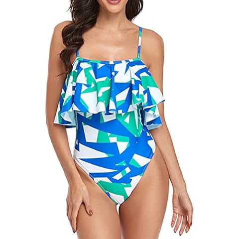 CL.HHan Women’s One Piece Swimsuit High Waist Tummy Control Swimdress with Flounce Ruffle Lace Up Halter Beach Swim Top Swimwear Cover