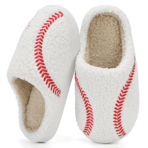 WIDE TOE BOX Kids Slippers – Warm Plush House Shoes, Baseball White, Size 6