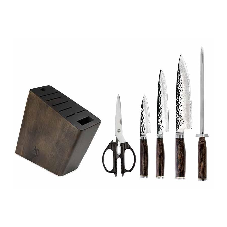 Shun Premier 6 Piece Knife Block Set, Includes 8" Chef, 4" Paring, 6.5" Utility Knives, Multi Purpose Shears & Honing Steel, Handcrafted Japanese Knife Set, Pakkawood Handles