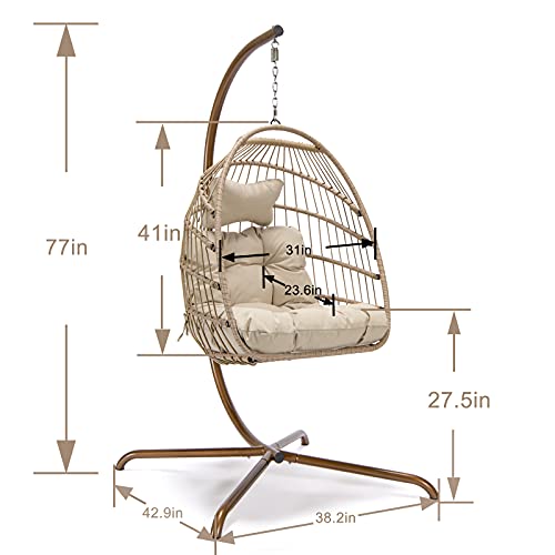 Outplatio Swing Egg Chair With Stand Golden Indoor Outdoor 350Lbs Capacity Hanging Rattan Hammock Chair With Uv Resistant Cushion Collapsible Foldable Basket For Bedroom Balcony Patio Garden (Beige) #TOP3