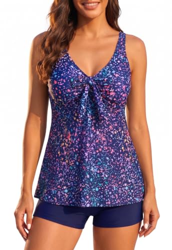 Image of Yonique Women 2 Piece Flowy Tankini Swimsuits with Boyshorts V Neck Swim Tank Tops Bathing Suits Modest Swimwear
