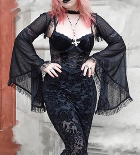 Women Goth Black Open Front Patchwork Sleeve Sheer Bolero Shrug Top for Formal Dresses Emo2