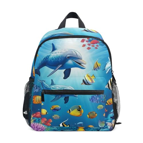 RPLIFE Kleinkind-Rucksack für Jungen und Mädchen, niedliche Delfine, Fische, blau, kleine Kinder-Rucksäcke, Mini-Kindergarten-Rucksäcke, 3–8 Jahre