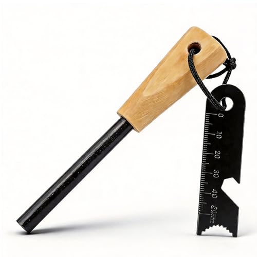 Survival Fire Starter - Tinder de magnesio premium con mango de madera, rascador multiherramienta con regla y abridor, accesorio esencial para Bushcraft, camping y pesca
