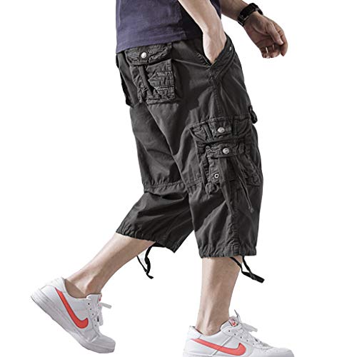 Dongd Mens Cargo Shorts Cotton 3/4 Loose Fit Below Knee Capri Cargo Short Dark Grey #TOP3