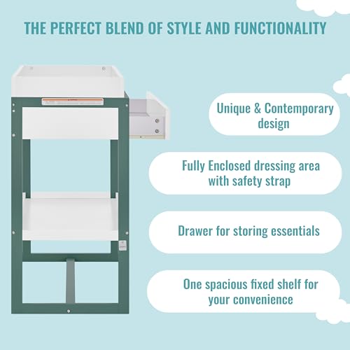 Image of Dream On Me Arlo Changing Table in Jungle Green, Made of Solid New Zealand Pinewood, Non-Toxic Finish, Comes with Water Resistant Mattress Pad & Safety Strap