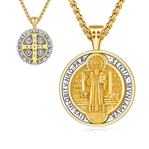 18K Gold Plated St Benedict Medals Necklace for Men Women, 925 Sterling Silver Patron Saint Medal Necklace Catholic Protection Pendant Amulet Religious Jewelry Gifts