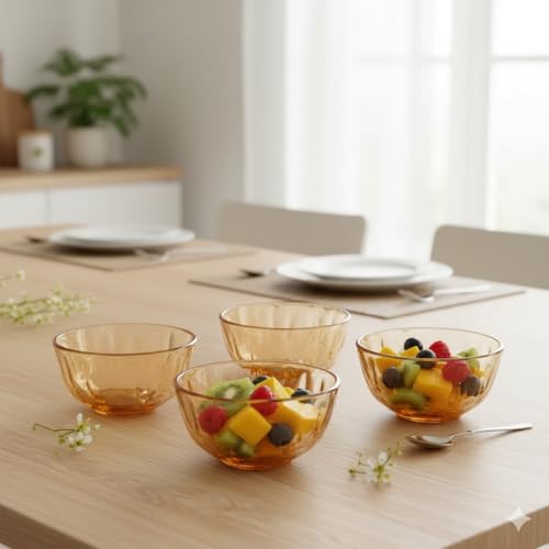 Image of The Better Home Set of 4 Borosilicate Glass Bowls | 980 ml Each | Microwave Safe | Scratch Resistant | Serving & Mixing Bowls for Kitchen | Round | Transparent | Amber