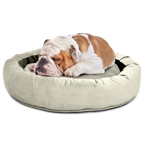 Image of Velvet Dog Bed in Round Shape | Medium 70 Cm | Premium Velvet Pet Bed for Cats and Puppies | Soft & Cozy Sleeping Bed for Dog with Removable Insert | Brown & Cream