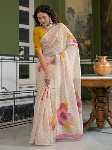 Image of SIRIL Women's Cotton Linen Printed Zari Border Saree with Unstitched Blouse Piece