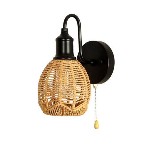 Image of Modern wall sconce,Pull Chain Wall Light,Hardwired wall Sconce with Switch,Pull Chain Sconce,Pull Chain Wall Light Fixture,Pll Chain Light Fixture,Wall Sconce with Switch (Black+Rattan shade)